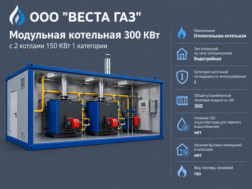 Модульная котельная  300 КВт с 2 котлами 150 КВт 1 категории