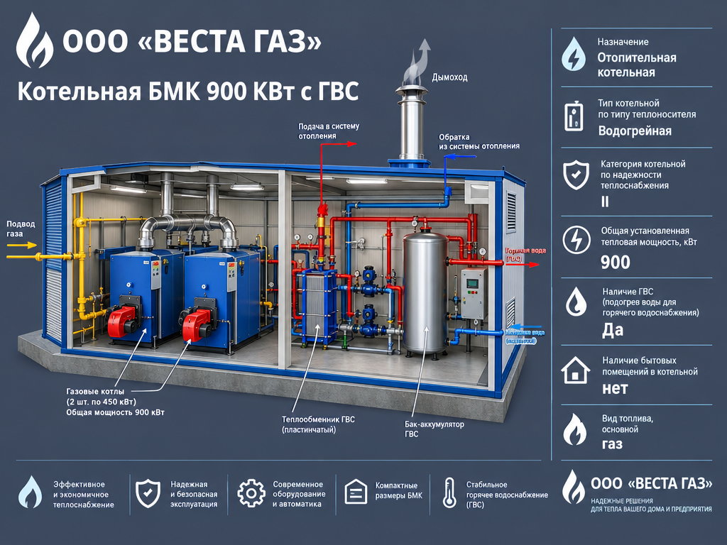 Котельная БМК 900 КВт с ГВС