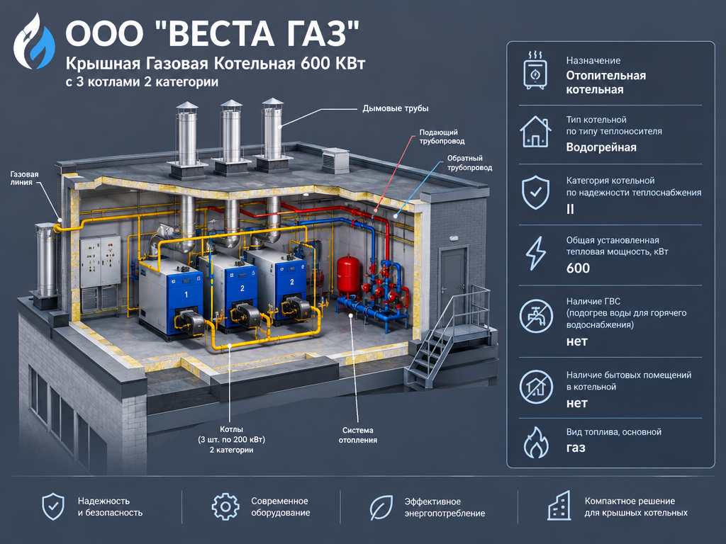 Крышная Газовая Котельная 600 КВт  с 3 котлами 2 категории