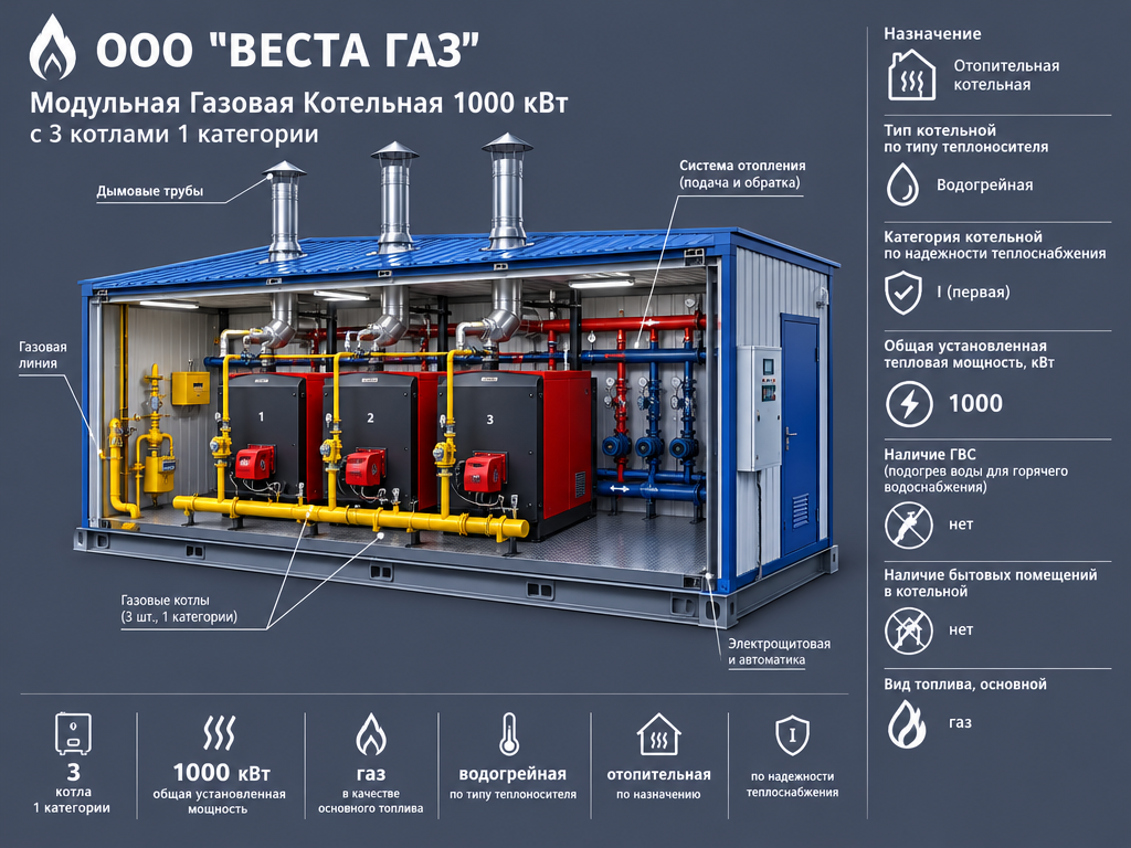 Модульная Газовая Котельная 1000 КВт  с 3 котлами  1 категории