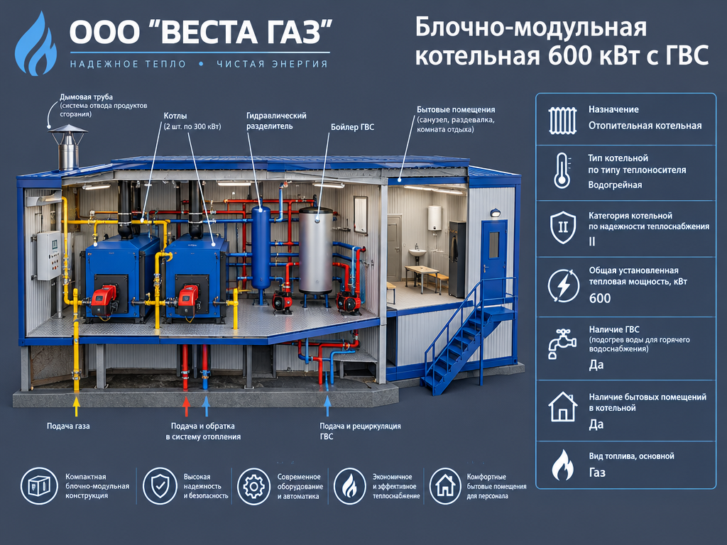 Блочно модульная котельная 600 кВт с ГВС