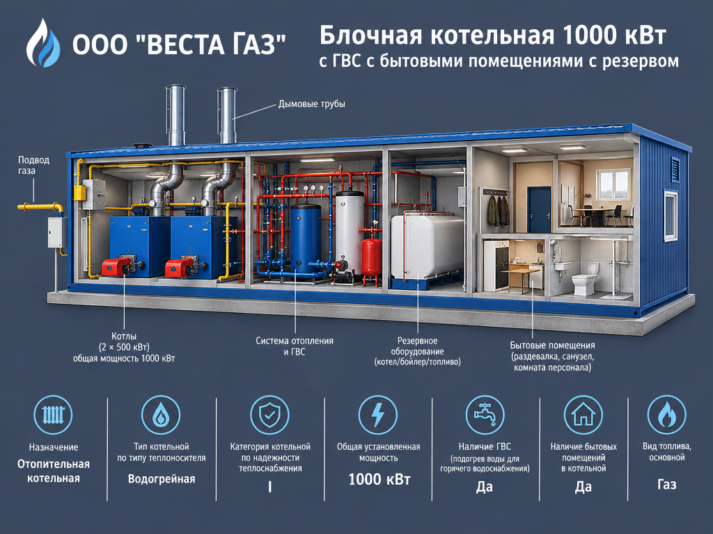 Блочная котельная 1000 кВт с ГВС с бытовыми помещениями с резервом