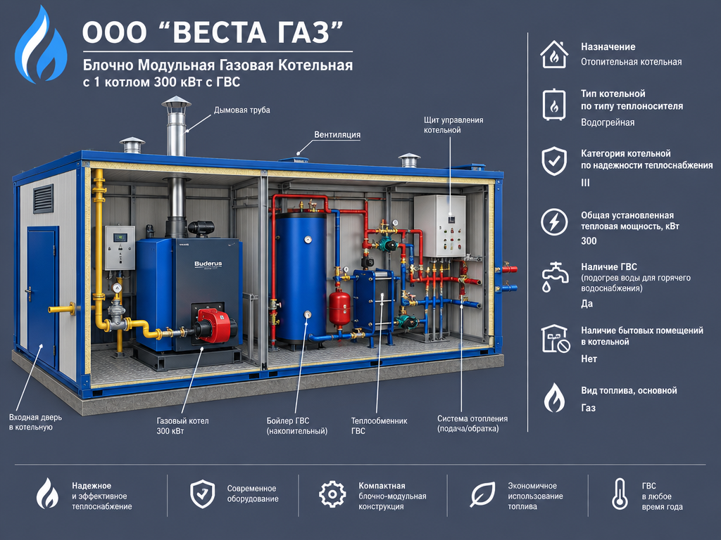 Блочно Модульная Газовая Котельная   с 1 котлом 300 кВт c ГВС