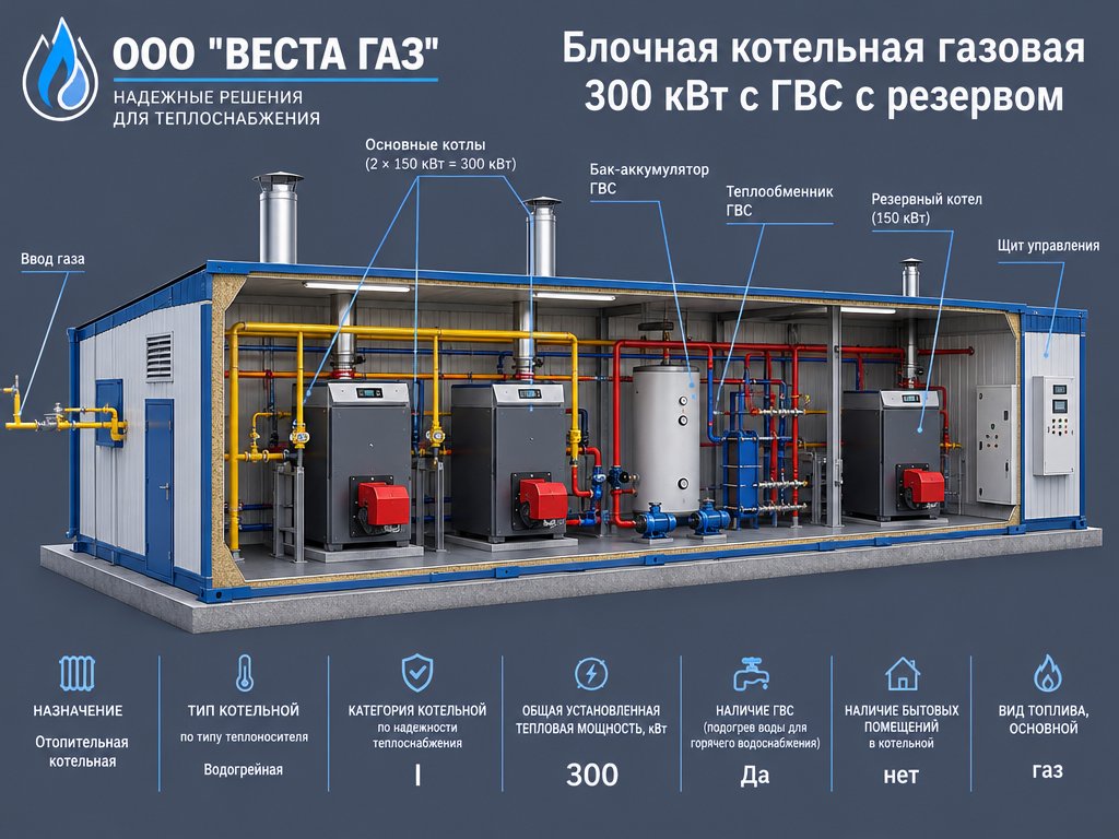 Блочная котельная газовая 300 квт  с ГВС с резервом