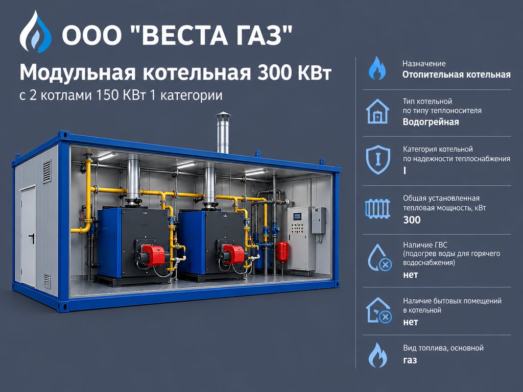Модульная котельная  300 КВт с 2 котлами 150 КВт 1 категории
