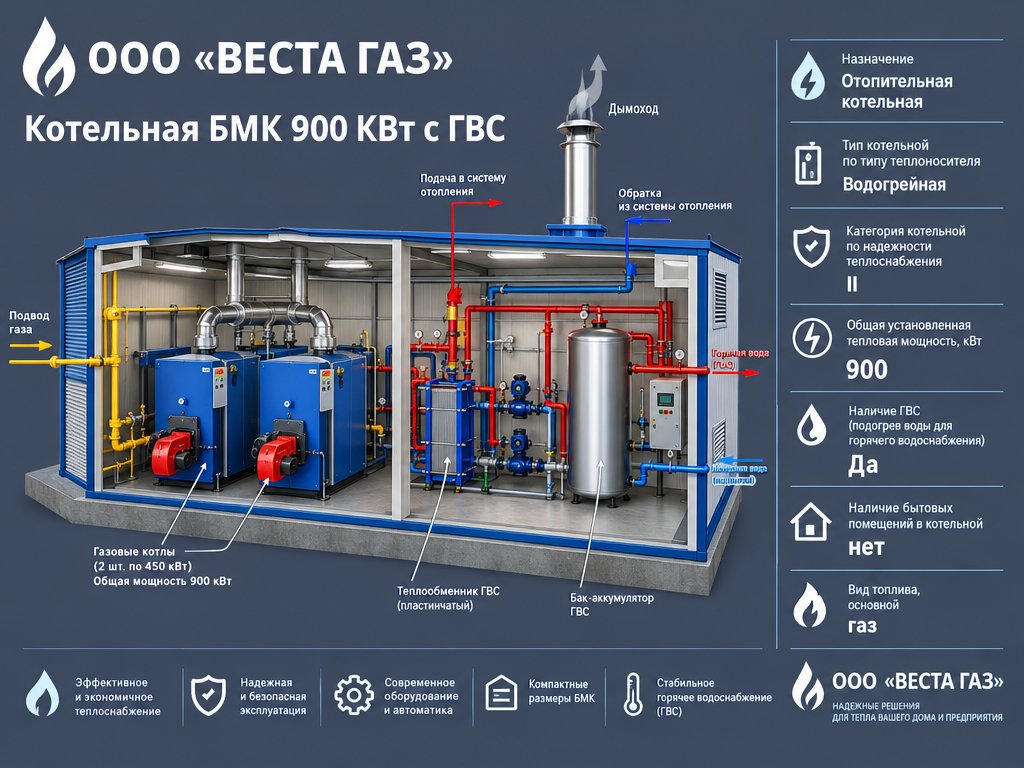 Котельная БМК 900 КВт с ГВС