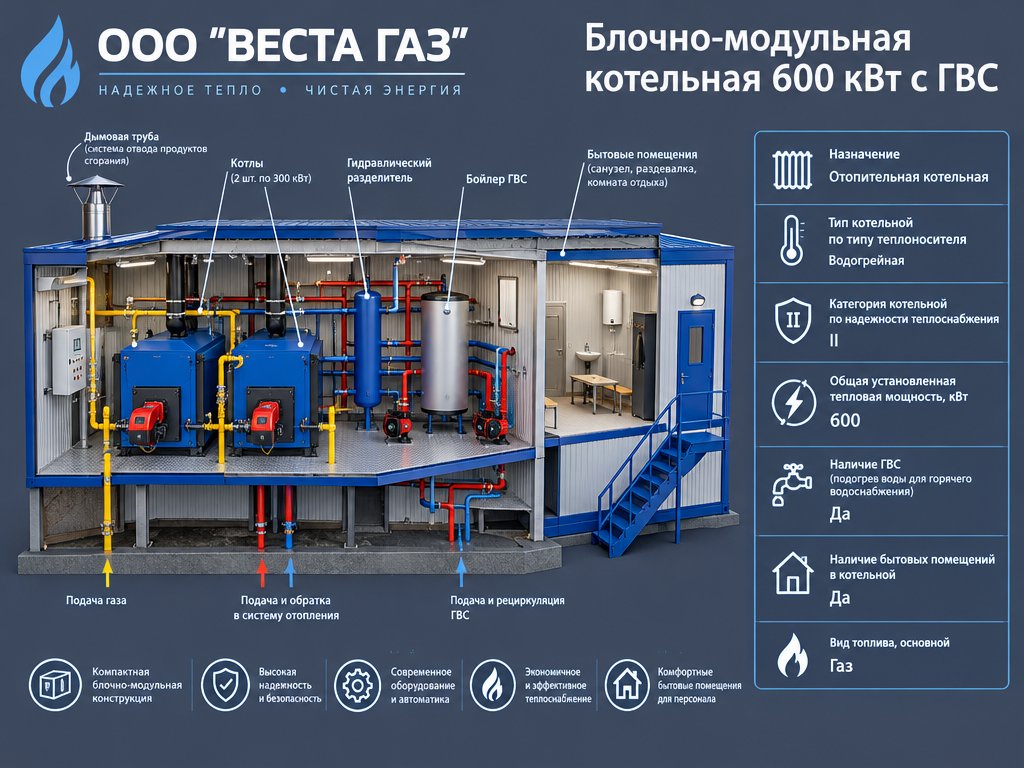 Блочно модульная котельная 600 кВт с ГВС