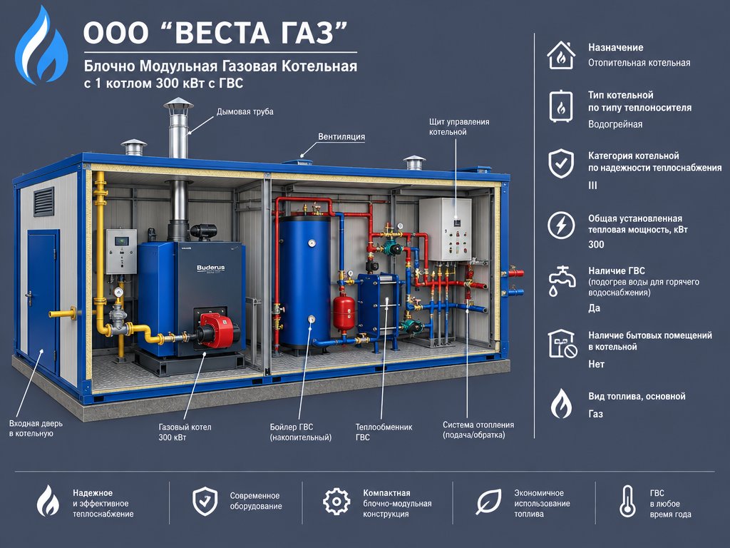 Блочно Модульная Газовая Котельная   с 1 котлом 300 кВт c ГВС